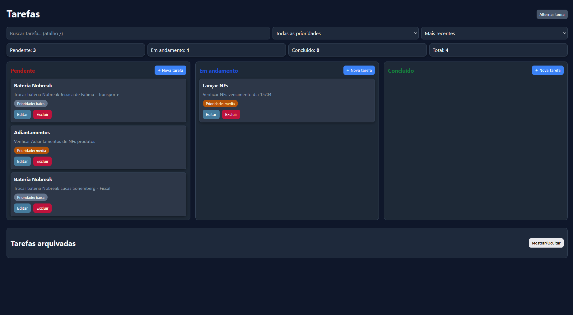 Quadro Kanban com colunas Pendente, Em andamento e Concluído